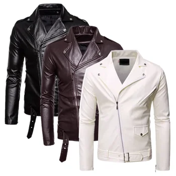 Однотонная мужская кожаная куртка с длинными рукавами, черная / белая Модная мужская деловая повседневная куртка на диагональной молнии