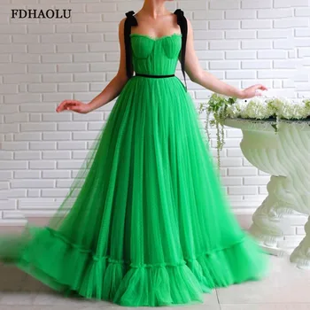 FDHAOLU FU112 Новое поступление, зеленое платье для выпускного вечера трапециевидной формы, элегантное черное пышное вечернее платье на бретелях, длинное вечернее платье в складку большого размера.