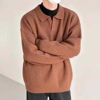 Свитер с отворотом и длинным рукавом, мужской свитер свободного кроя, пуловер с отворотом и длинным рукавом, осень/зима, однотонный