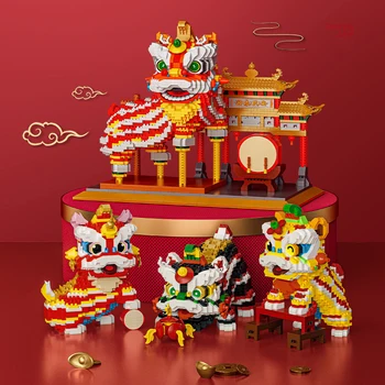 Мини-строительные блоки Lucky Lion Dance Archway, Китайская Традиционная культура, 3D-модель, Алмазные Микро-кирпичи, Игрушки для детей в подарок