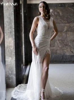 Простое свадебное платье без рукавов на бретелях, Белое Классическое кружевное платье невесты, Элегантное прямое Длинное свадебное платье Robe De Mariée