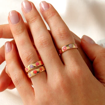Новый Простой наращиваемый набор колец для пальцев с эмалевым радужным сердечком для женщин, минималистичные кольца, милые ювелирные украшения с цветочным кольцом, подарки