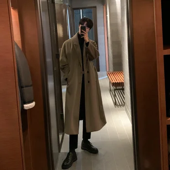 Корейское трендовое Мужское свободное повседневное однобортное пальто, осенне-зимняя мода, новое шерстяное пальто с длинным рукавом