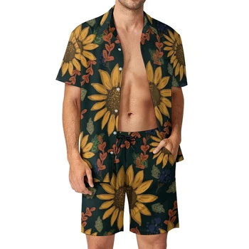 Комплекты рубашек в стиле ретро с подсолнухом, 3D принт, мужские повседневные модные рубашки с короткими рукавами, Пляжные шорты оверсайз, Гавайские костюмы, Летняя одежда