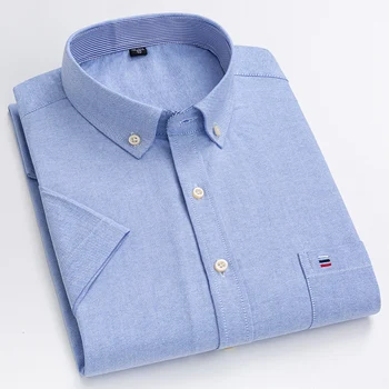 Лето 2023, Новая мода, мужской Оксфорд из 100% чистого хлопка, короткий рукав, квадратный воротник, Однотонные Повседневные рубашки в полоску, рубашка с одним карманом