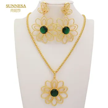 SUNNESA Роскошные 18-каратные позолоченные комплекты ювелирных изделий из Дубая для женщин, Зеленое Африканское ожерелье с крупным цирконием, серьги-капли для свадьбы