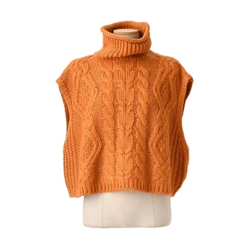 Женский вязаный пуловер, топ без рукавов, свитер с высоким воротом, жилет, Прямая поставка