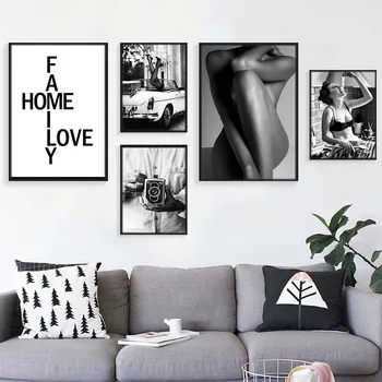 Черно-белая ретро Сексуальная леди, автомобильная камера, настенный художественный плакат, печать на холсте, картина, Фото, Модная картинка, декор для дома в гостиной