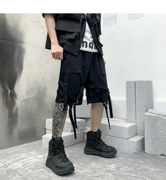 Мужские шорты 2023 Летние Свободные Повседневные Хлопчатобумажные Мути, Мешковатые черные короткие брюки в стиле Харадзюку в стиле Панк, Бермуды Homme