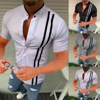 Мужские летние рубашки со стоячим воротником, с коротким рукавом, мужская рубашка, застегивающаяся на пуговицы, дышащая полосатая рубашка в стиле пэчворк, топ для путешествий