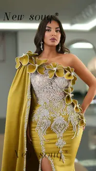 Гламурные Арабско-желтые Мусульманские атласные вечерние платья Макси на одно плечо с накидкой сбоку, сексуальные платья для официальных мероприятий с разрезом, вечерние платья для вечеринок