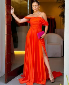 Длинные шифоновые вечерние платья с открытыми плечами и разрезом трапециевидной формы, Оранжевое свадебное платье для гостей, платья для выпускного вечера со шлейфом 