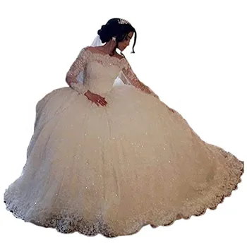 Роскошное кружевное бальное платье Свадебное платье с открытыми плечами и длинным рукавом Со шлейфом Свадебные платья Кружевная аппликация Плюс размер Африканская свадьба