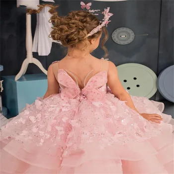 Милое розовое платье с бабочкой и цветочным узором для девочек, тюлевое пышное платье без рукавов С аппликацией и пайетками Для свадьбы, бальные платья принцессы для первого причастия