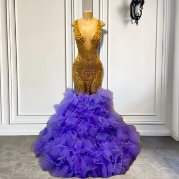 Роскошные блестящие длинные платья для выпускного вечера 2023, фиолетовые оборки в стиле русалки, вечерние платья для выпускного вечера для черных девушек ручной работы, расшитые золотым бисером