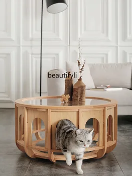 Гостиная из массива Дерева круглый Стеклянный Кофейный Современный Чайный столик Домашняя Кошка Столик для домашних животных круглый