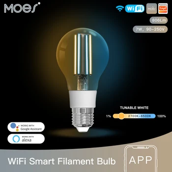 MOES WiFi Умная Лампа накаливания LED Light Лампа E27 с регулируемой яркостью Освещения 2700K-6500K 806Lm Tuya Alexa Google Voice Control 90-250 В 7 Вт