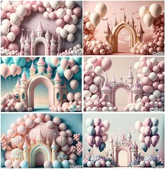 Розовый замок, Дворец, воздушные шары, Детские фоны для девочек, декор на 1-й День рождения, Индивидуальный фон для фотосъемки первого детского торта