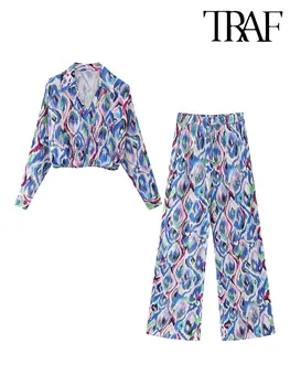 TRAF 2023 Весна Лето, Женские костюмы из тонкого атласа с принтом, Свободная рубашка с длинным рукавом, топ, Женские Широкие брюки, комплекты из 2 предметов