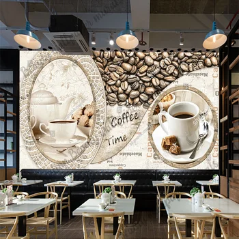 Винтажные обои в кофейных зернах Промышленный декор Фреска Кофейня Кафе Послеобеденный чай Ресторан Фон для кухни Обои