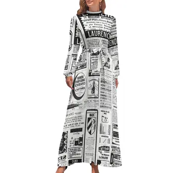 Платье из старой газеты, Модное Макси-платье с черным буквенным принтом, Корейские модные Пляжные Длинные платья, одежда с принтом с высоким воротом
