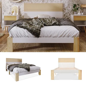 Деревянная кровать, односпальная кровать с изголовьем, для хранения каркаса кровати с решетчатым каркасом, 90x200 см, натуральный и белый цвета, классический стиль кантри