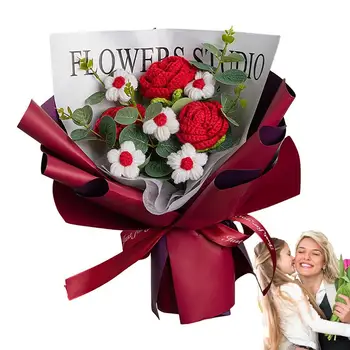 Букет цветов крючком Роза Подсолнух Ручной вязки Искусственные Цветы Вязать своими руками Вечный Цветок Декор из сухоцветов для Дня рождения Свадьбы