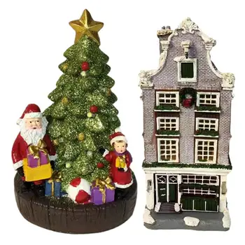 Рождественские деревенские домики из смолы со светодиодной подсветкой, миниатюрные рождественские деревенские домики, стоящие рождественские украшения для каминной полки
