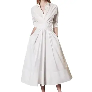 2023 Женское платье-рубашка с V-образным вырезом, длинным рукавом, поясом, планкой до половины, карманами, свободным подолом, платье
