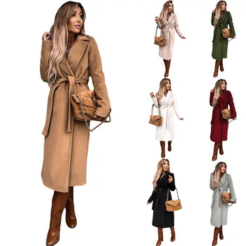 Осенне-зимнее теплое длинное женское шерстяное пальто с поясом, повседневные Элегантные однотонные женские ветровки 2023, пальто