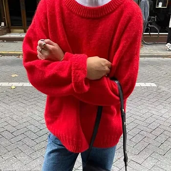 Зимний Женский Красный свитер-пуловер с круглым вырезом и длинным рукавом 2023, Новый Повседневный Свободный Короткий вязаный пуловер