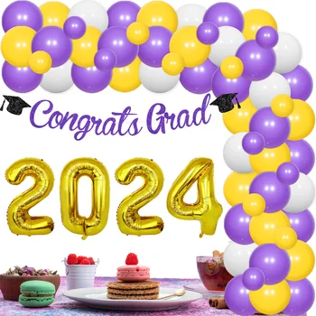 Декор выпускного вечера 2024 Поздравляем выпускников с Фиолетово-желтыми воздушными шарами, Гирляндами и Арочным комплектом для 204 класса, мы так гордимся Вами, декабрь