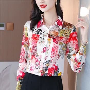 2023 Летняя Новая рубашка Женская блузка С длинными рукавами и воротником-лацканами с атласной печатью Корейская мода Свободный Топ