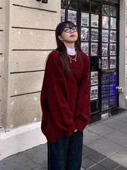 Женский корейский свитер, топы с круглым вырезом, теплый пуловер, вязаный для женщин средней длины, новинка 2023 года, осенне-зимняя одежда