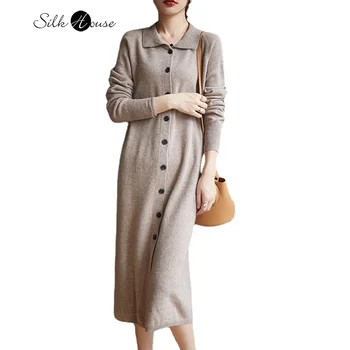 Женская мода 2023 года, осень / зима, Новая шерстяная рубашка, воротник с пряжкой, кардиган длиной до колен, свободное вязаное платье-свитер