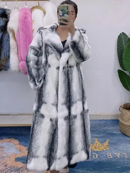 Зимняя длинная шуба из 100% натурального кроличьего меха с капюшоном, модное пальто для женщин, роскошная толстая теплая куртка для дам большого размера