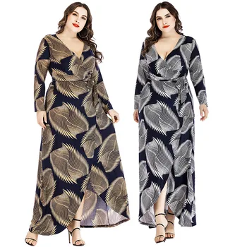 Весна 2023, новое модное платье размера плюс 9XL 130 кг, 8XL 7XL, женское сексуальное платье с глубоким V-образным вырезом, поясом, длинным рукавом и принтом, юбка с запахом.