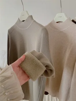 Утолщенный встроенный норковый бархатный вязаный базовый свитер с имитацией горловины для женщин Осень-зима, свободные топы из плюша