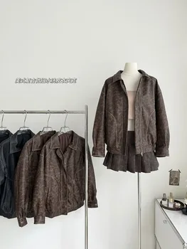 Свободное кожаное пальто на молнии, женская Y2K 2023, американская уличная одежда, Новый дизайн, простые шикарные кожаные пальто в корейском стиле