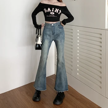Женские джинсы-клеш, элегантные универсальные винтажные джинсы Ulzzang, уличная одежда, простые брюки, американский стиль, модные Рваные потертости.
