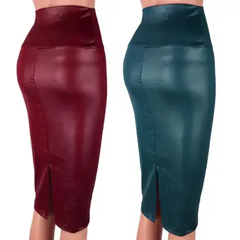 Облегающая юбка с высокой талией, модная женская юбка-карандаш из искусственной кожи с разрезом длиной до колена