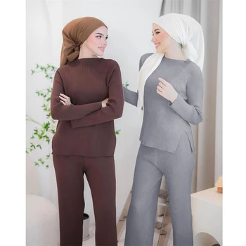 2023 Осенне-зимний комплект вязаных свитеров для женщин, свободные Мягкие топы и брюки, комплект из 2 предметов, женский теплый ислам, мусульманская скромная одежда