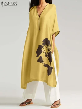 ZANZEA 2023 Осеннее платье Оверсайз, женское Длинное платье с коротким рукавом, Повседневный Свободный Цветочный принт, молния на шее, Раздельный подол, Миди-платье
