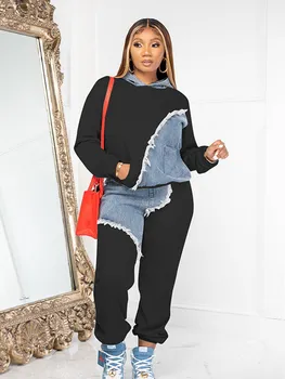Женский комплект брюк с капюшоном с длинным рукавом, женский повседневный контрастный комплект из двух предметов, модные джинсовые пуловеры с разрезом 2023