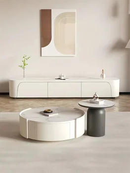 Размер, круглый журнальный столик, шкаф для телевизора, комбинированная гостиная, современная простая небольшая квартира, кремовый стиль