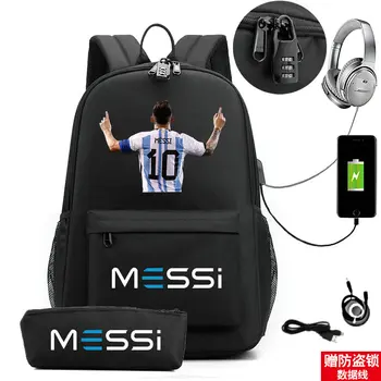 Messi Рюкзак Легкий Ноутбук Мужской Повседневный USB Молодежный рюкзак для путешествий Подростковая спортивная сумка на открытом воздухе Студенческие школьные сумки