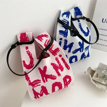 Повседневные сумки Сумка-тоут с граффити для маленькой девочки, вязаная сумка с буквами, детские трендовые вязаные сумки, открытая шерстяная сумка, женские сумки для рук
