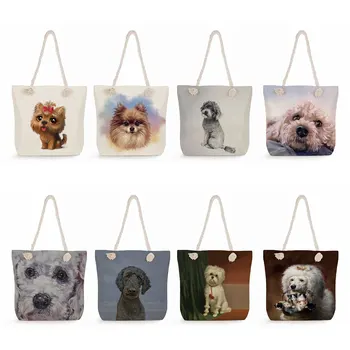 Художественный портрет собаки-пуделя Printi Tote Dog, практичные повседневные офисные сумки для женщин, многоразовые хозяйственные сумки, толстая веревочная сумка через плечо