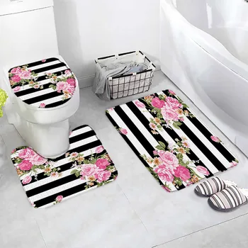 Розовый цветочный коврик для ванной в черно-белую полоску с растительными цветами Фланелевый ковер Домашний декор для ванной комнаты Нескользящий коврик Крышка унитаза