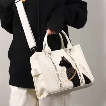 Холщовая сумка с вышивкой кота, сумки с буквенным принтом, повседневные сумки для студентов, сумки через плечо в элегантном стиле, прямая поставка